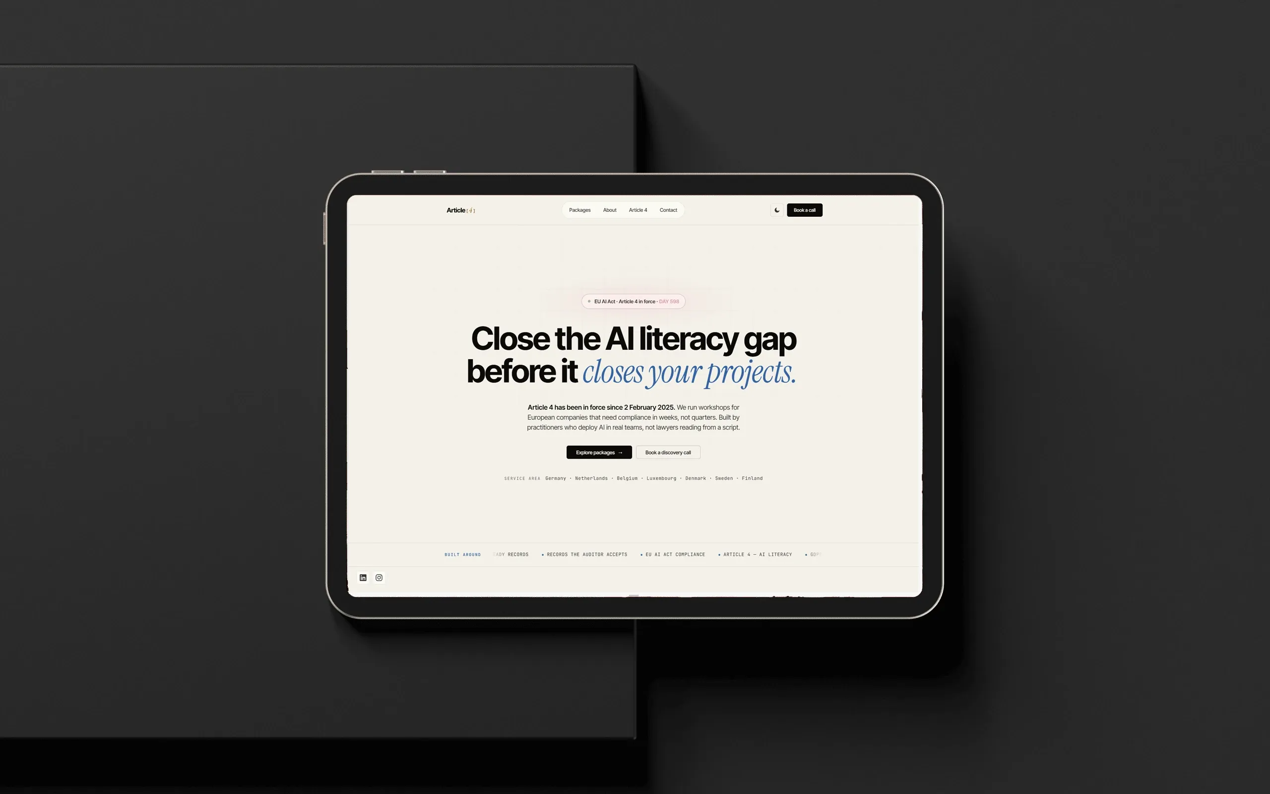 The Article Four homepage on a tablet, "Close the AI literacy gap before it closes your projects."