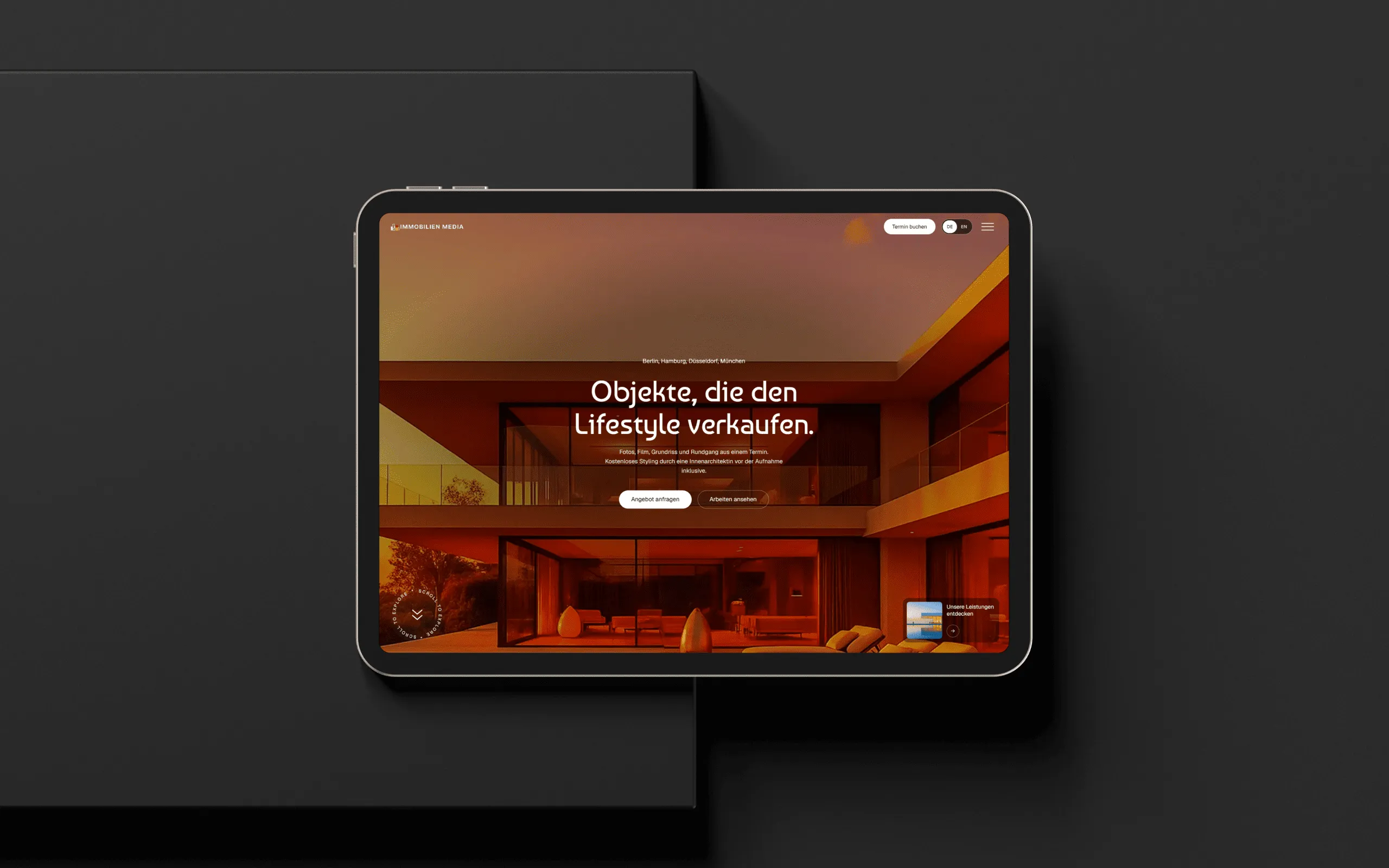 The Immobilien Media homepage on a tablet, opening on its promise