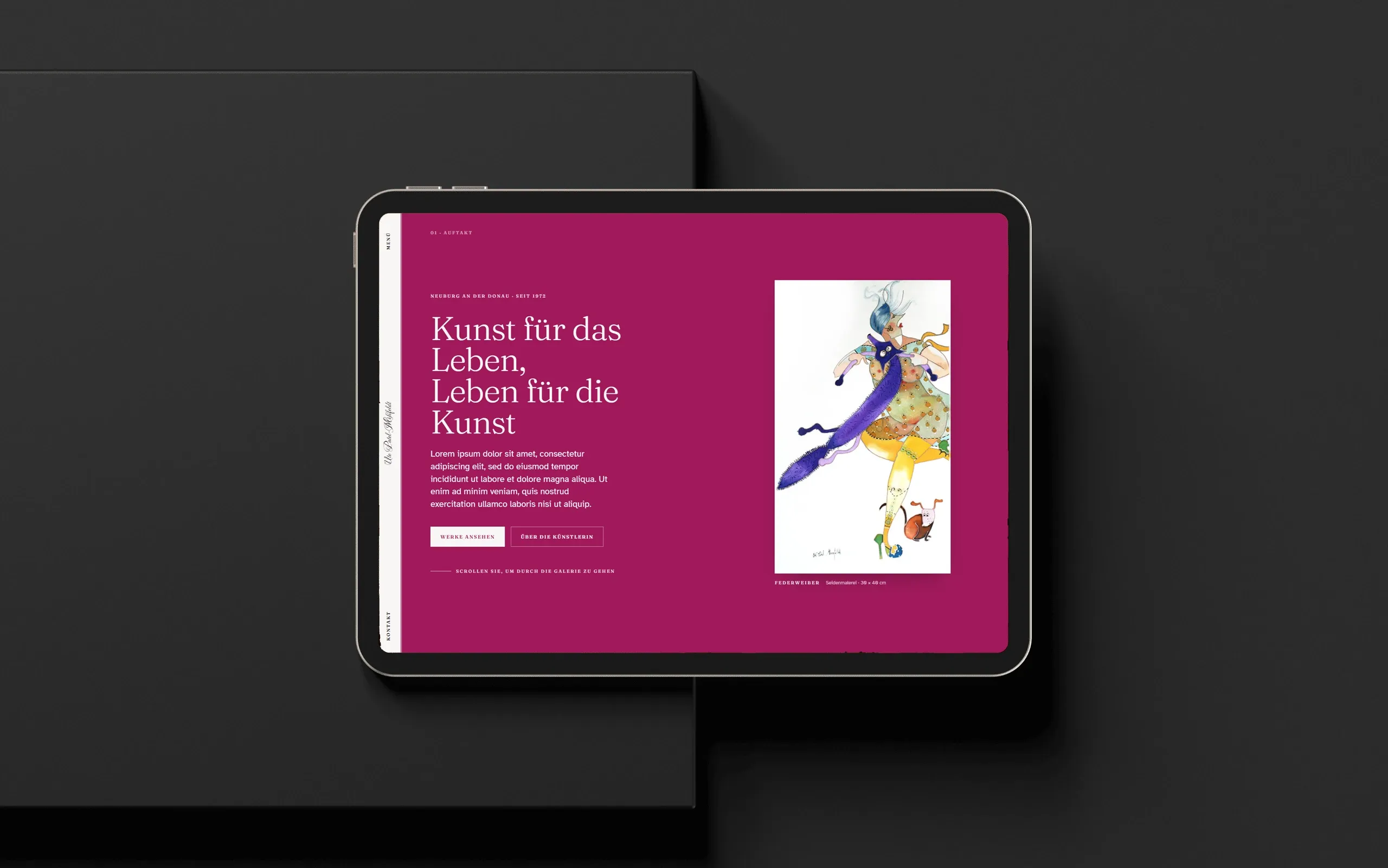 The homepage on a tablet, "Kunst für das Leben, Leben für die Kunst", beside one of her silk paintings